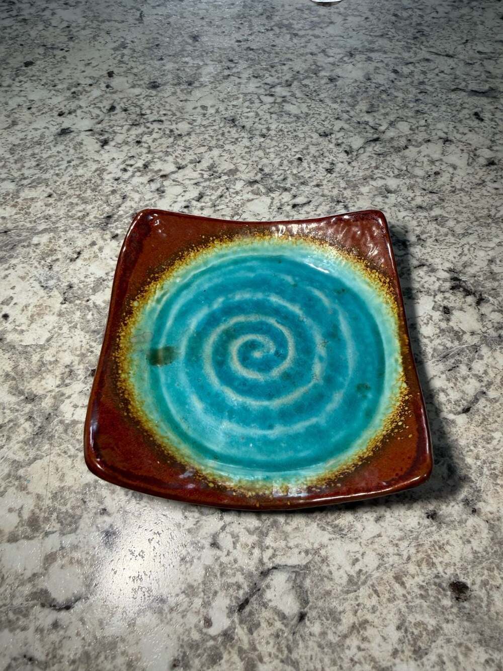 Pier 1 Imports Blue and Brown Spiral Ceramic Candleholder Plate